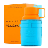 Armaf Odyssey Mandarin Sky perfume bottle with sleek design, showcasing vibrant orange accents and elegant branding.