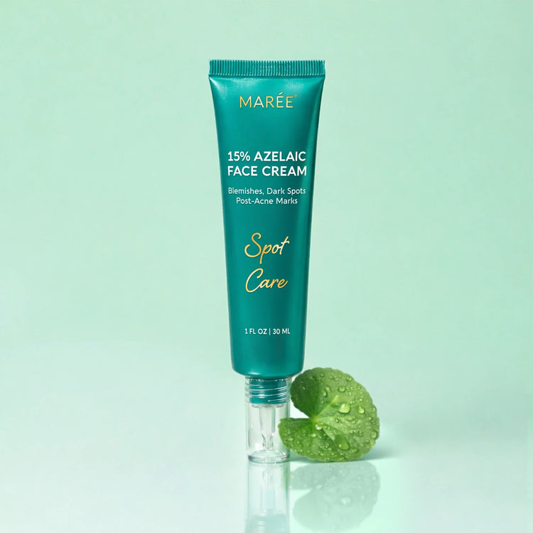Maree azelaic acid cream for sensitive skin in a white jar with a pump dispenser, smooth cream visible on the open lid.