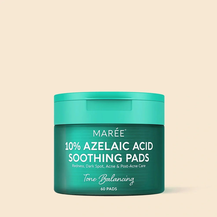 Maree Azelaic Acid Soothing Pads displayed with open container showing round pads inside.