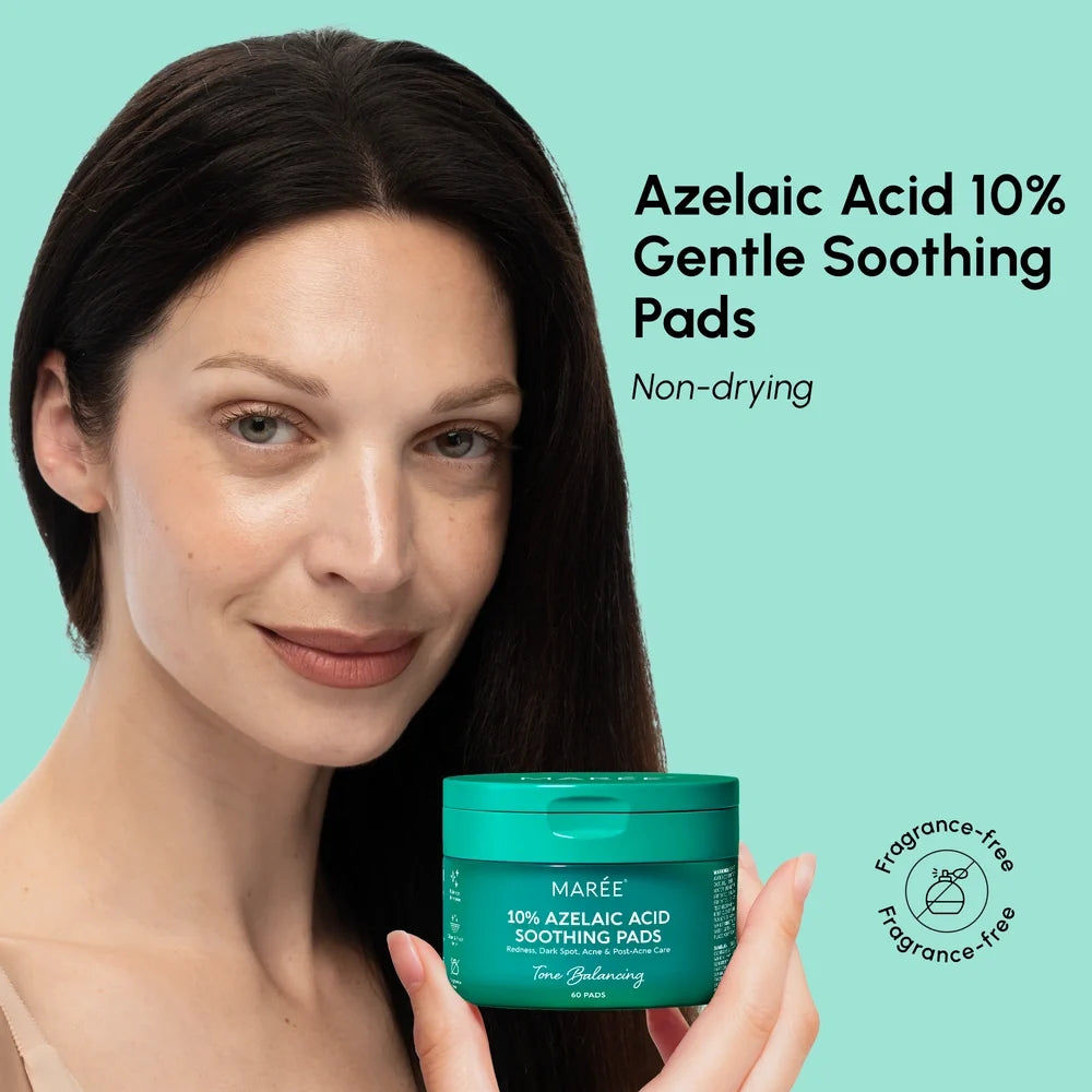 Maree Azelaic Acid Soothing Pads with gentle exfoliating and brightening properties, displayed in a clear container.