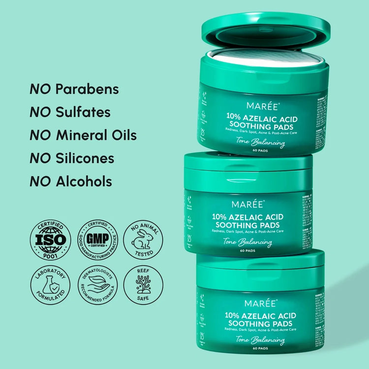 Maree Azelaic Acid Soothing Pads with soft cotton pads and azelaic acid for gentle skin calming and brightening.