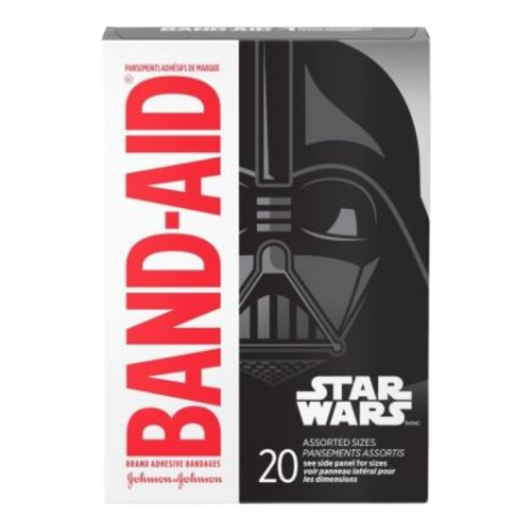 Assorted Star Wars themed Band-Aid Kids Variety Bandages pack with 20 colorful cartoon character bandages for children.
