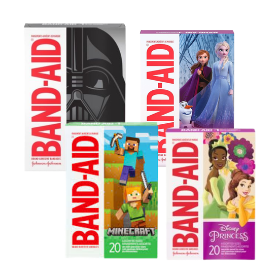 Assorted Band-Aid Kids Variety pack with Disney Princess, Star Wars, Minecraft, and Frozen themes, featuring colorful cartoon designs.
