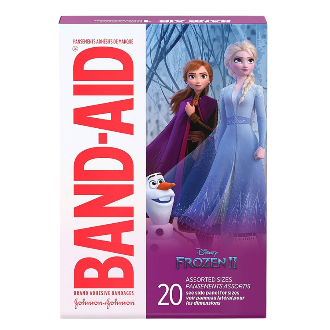 Frozen-themed Band-Aid Kids Variety bandages from Farmacias Savia, showing colorful cartoon character designs on adhesive bandages.