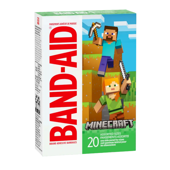 Minecraft Kids Bandages by Farmacias Savia, assorted sizes, 20 count, featuring colorful Minecraft characters and playful designs.