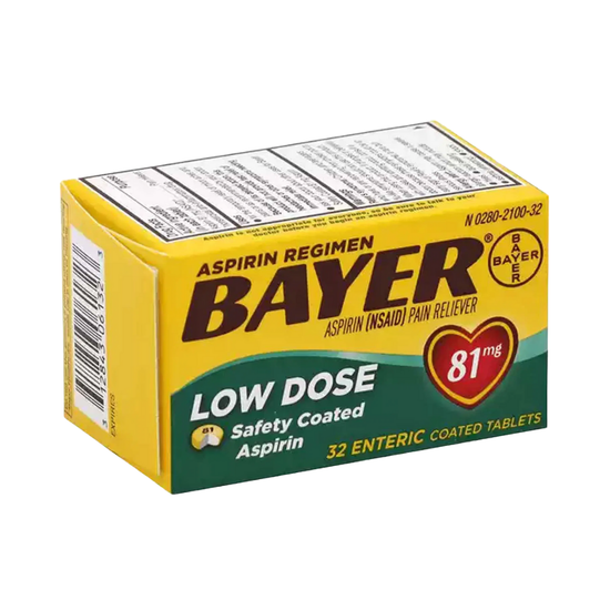 Bayer Low Dose Aspirin 81 mg tablets in a 32-count bottle, with packaging showing Bayer branding and aspirin tablets.