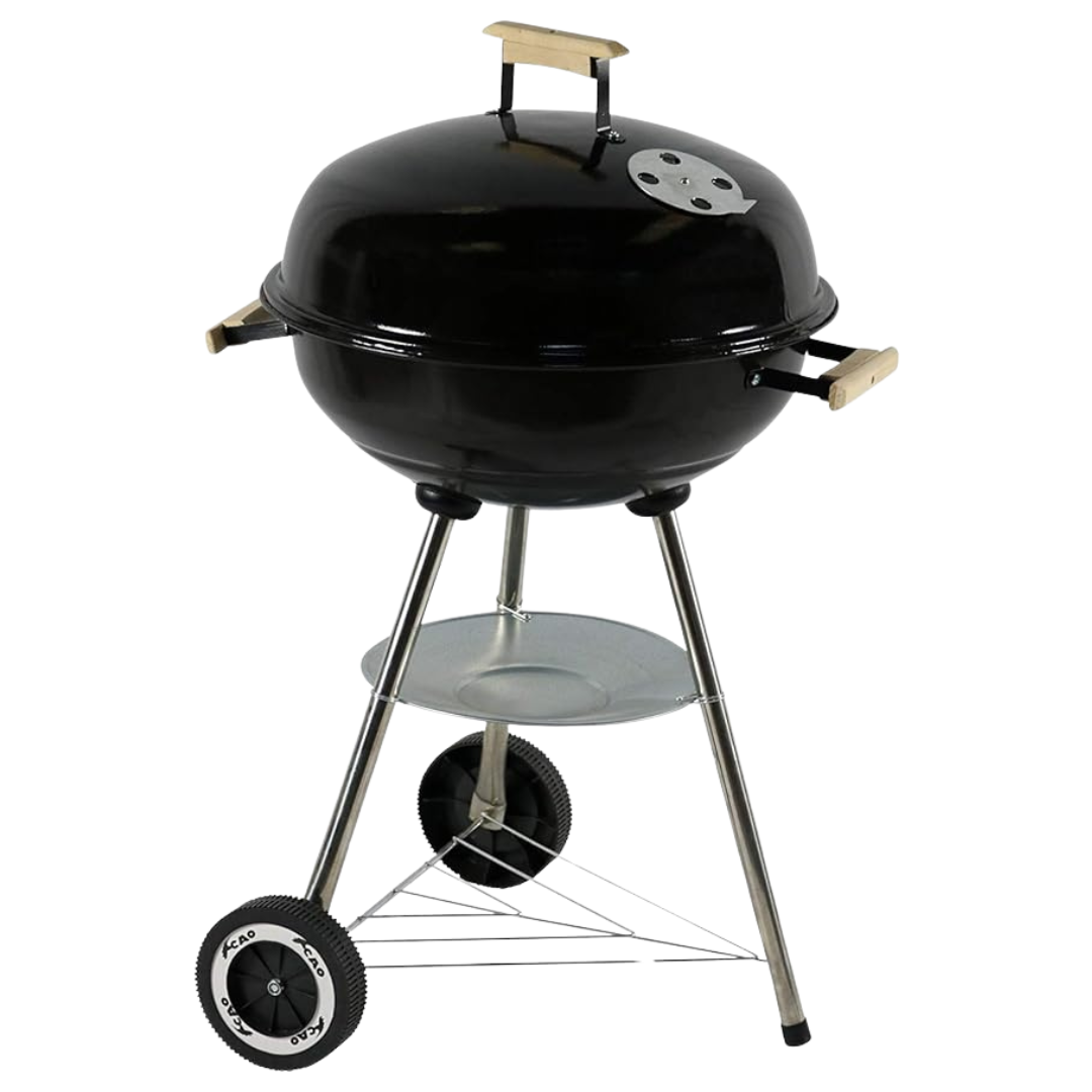 Farmacias Savia 18-inch Hogar BBQ Grill with metal cooking surface and side shelf, perfect for outdoor grilling.