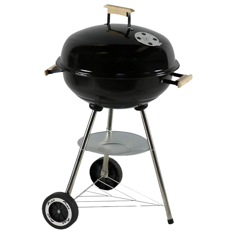 Farmacias Savia 18-inch Hogar BBQ Grill with metal cooking surface and side shelf, perfect for outdoor grilling.
