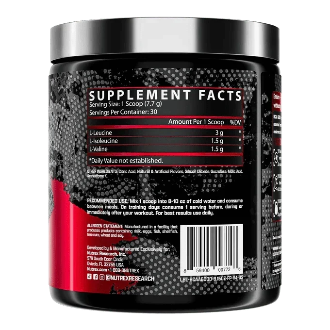 Nutrex BCAA 6000 Recovery amino acids supplement in a container with scoop, 30 servings, designed for muscle recovery and hydration.