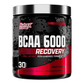 Nutrex BCAA 6000 Recovery amino acids supplement with 30 servings, shown in a container with powder inside.