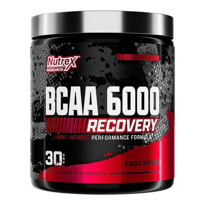 Nutrex BCAA 6000 Recovery amino acids supplement with 30 servings, shown in a container with powder inside.