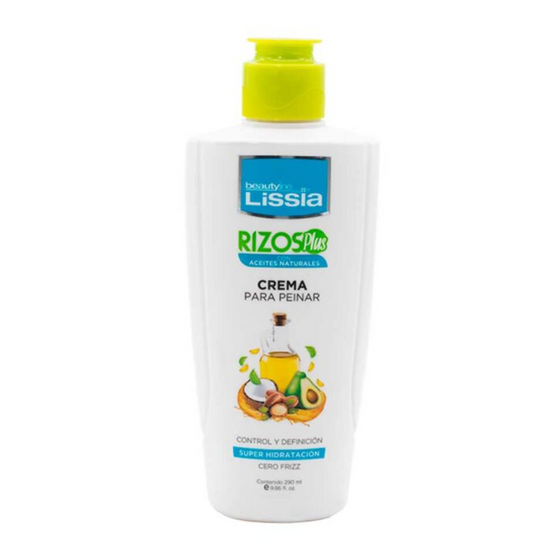 Beauty Line Lissia Rizos styling cream with natural oils for curly hair, in an 8 oz container, by Farmacias Savia.
