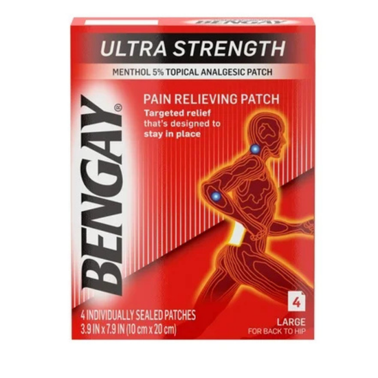 Farmacias Savia Bengay Ultra Strength Pain Relieving Patches, large OTC 4-pack, showing the packaging and patches.
