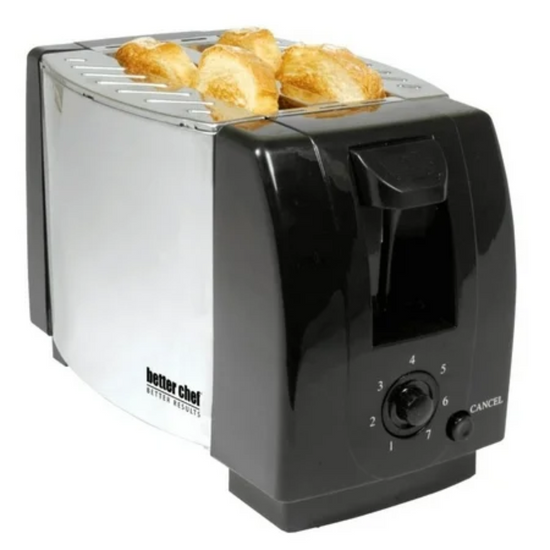 Better Chef 2-slice stainless steel black toaster with sleek design and control buttons, ideal for modern kitchens.