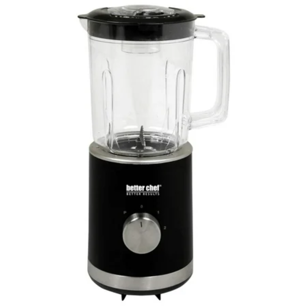 Black Better Chef 3-cup blender with a clear plastic jar and black lid, designed for efficient blending in kitchen appliances.