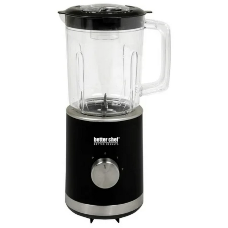 Black Better Chef 3-cup blender with a clear plastic jar and black lid, designed for efficient blending in kitchen appliances.