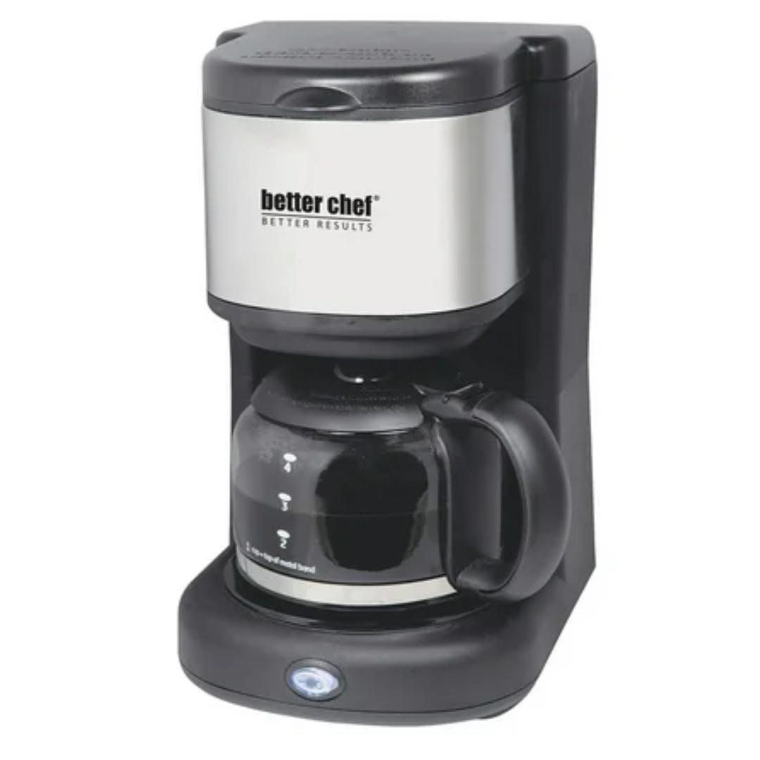 Better Chef 4-cup coffee maker in black with glass carafe and control panel for brewing coffee at home.