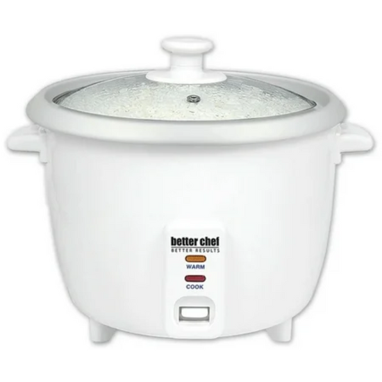 Better Chef 8-cup rice cooker in white, compact kitchen appliance with digital controls for easy rice preparation.