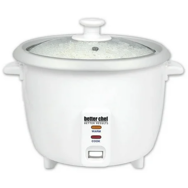 Better Chef 8-cup rice cooker in white, compact kitchen appliance with digital controls for easy rice preparation.