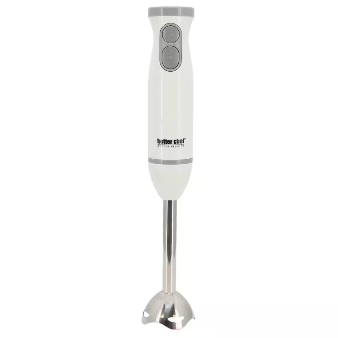 Better Chef immersion blender in black with stainless steel blending arm, showcasing its ergonomic handle and attachments.