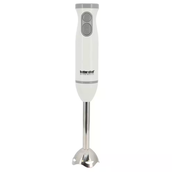 Better Chef immersion blender in black with stainless steel blending arm, showcasing its ergonomic handle and attachments.