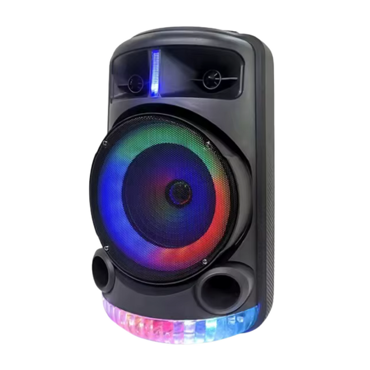 Farmacias Savia 8-inch HB-829 Bluetooth speaker with microphone, LED lights, control buttons, and audio input display.