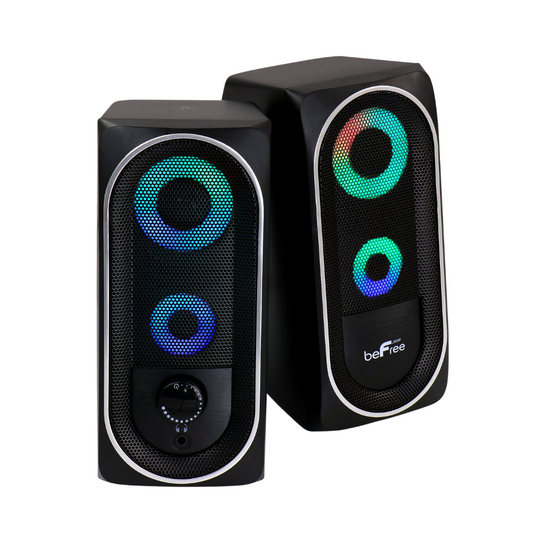 Farmacias Savia Befree Gaming Speakers with sleek black design and multiple audio ports, ideal for gaming setups.