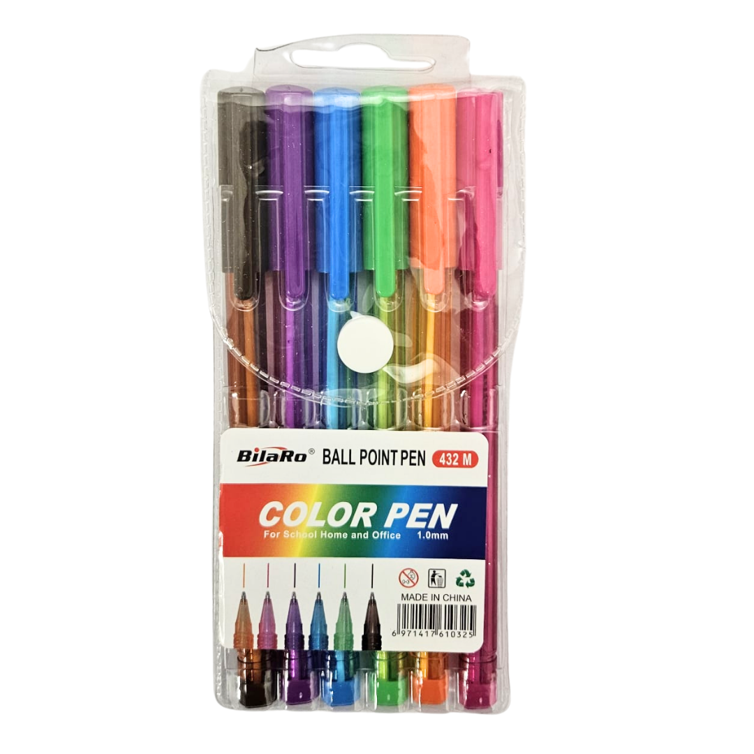 Set of six BilaRo colored ballpoint pens with 1.0mm medium tips, ideal for school and office use.