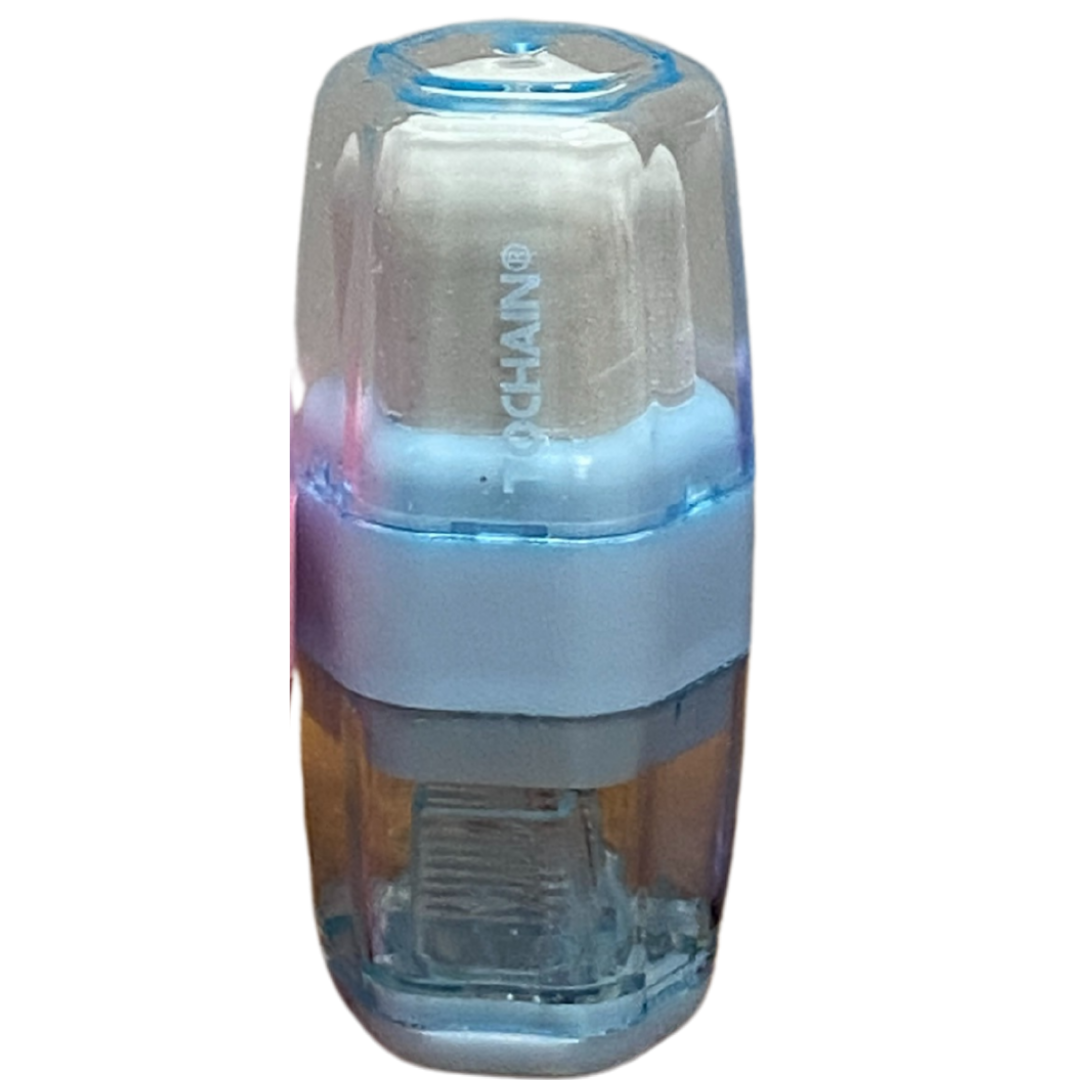 Blue Tochain eraser with integrated sharpener, ideal for school use, by Farmacias Savia.