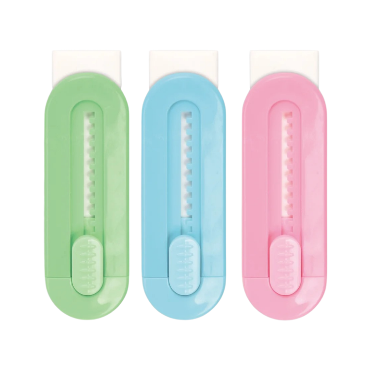 Set of two retractable school erasers from Farmacias Savia, featuring a compact design and flexible ends for easy erasing.