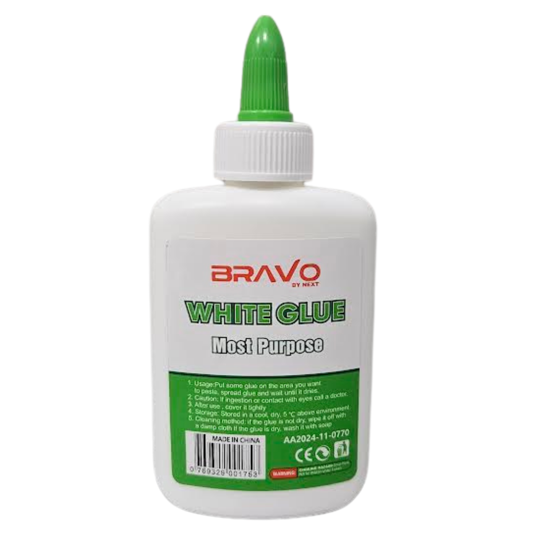 White school glue by Bravo from Farmacias Savia, 4oz bottle, standard size, with label and cap visible.