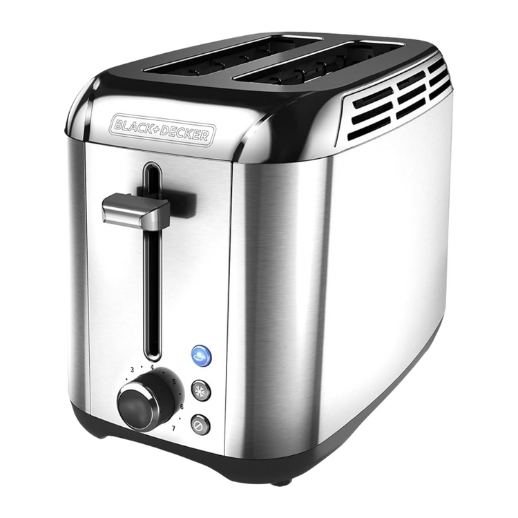 Black Decker 2-slice stainless steel toaster with lever and control buttons for even browning and quick toasting.