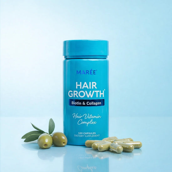 Bottles of Maree Biotin & Collagen Hair Growth Complex supplement with ingredients and packaging visible.