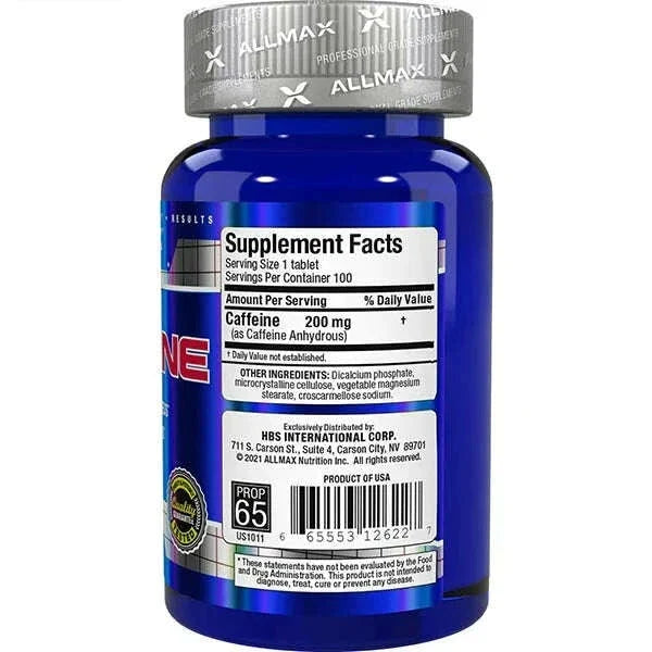 Allmax Caffeine 200mg pre-workout capsules by PoorBoySupplements.com, showing a row of orange and white supplement capsules.