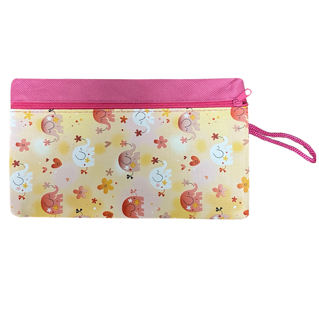 Pink elephant-themed school pencil case with zip closure made of fabric, ideal for students and organized storage.