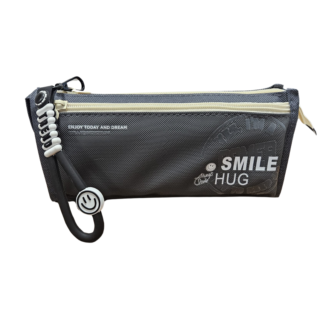 Black Smile Hug school pencil case with zipper and decorative pull tab, ideal for students and school supplies.
