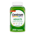 Centrum Adults multivitamin tablets in a bottle, showing 200 tablets, with colorful label and branding from Farmacias Savia.