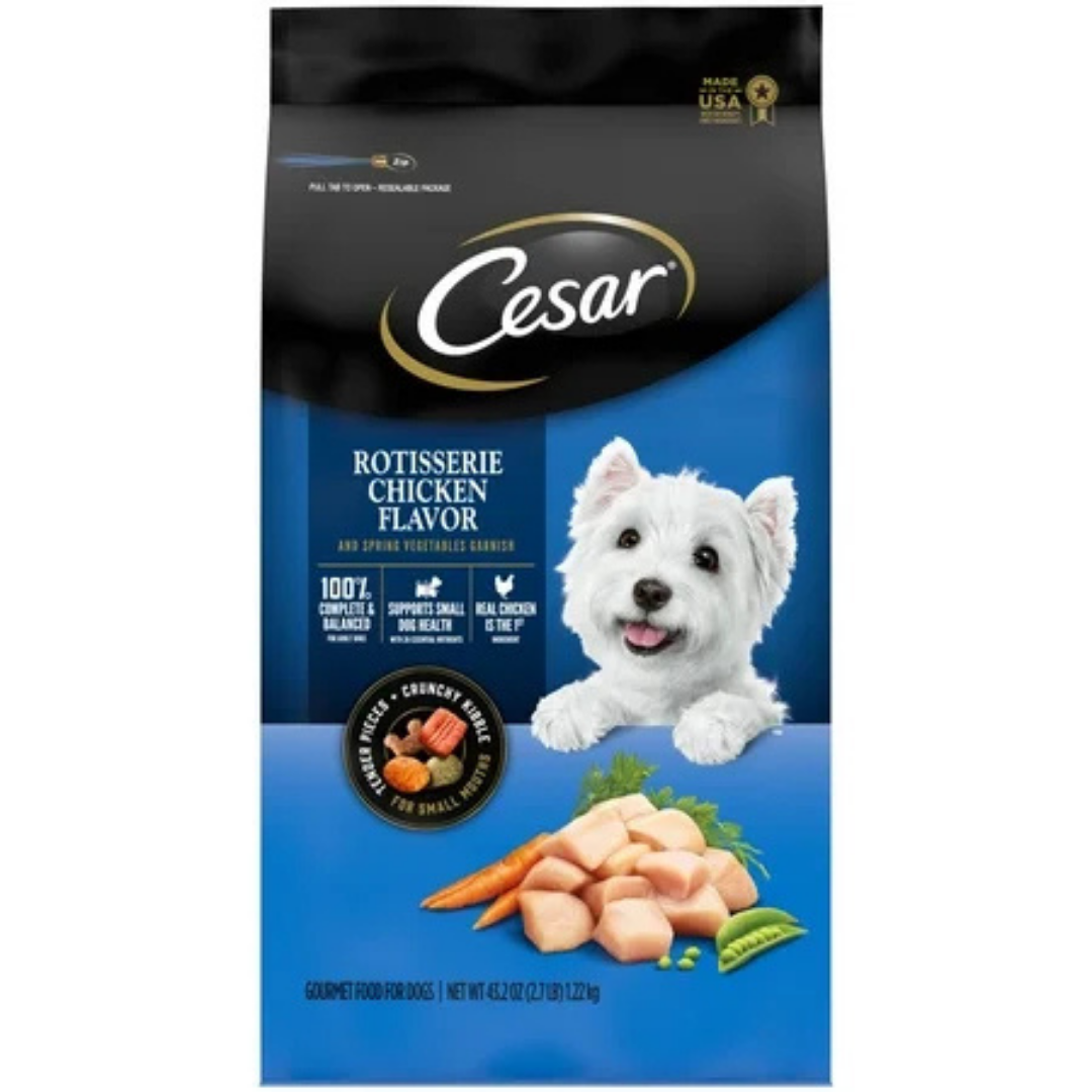 Cesar Dry Rotisserie dog food, 2.7 lb bag, premium pet alimentation with visible dry kibble in a resealable bag.