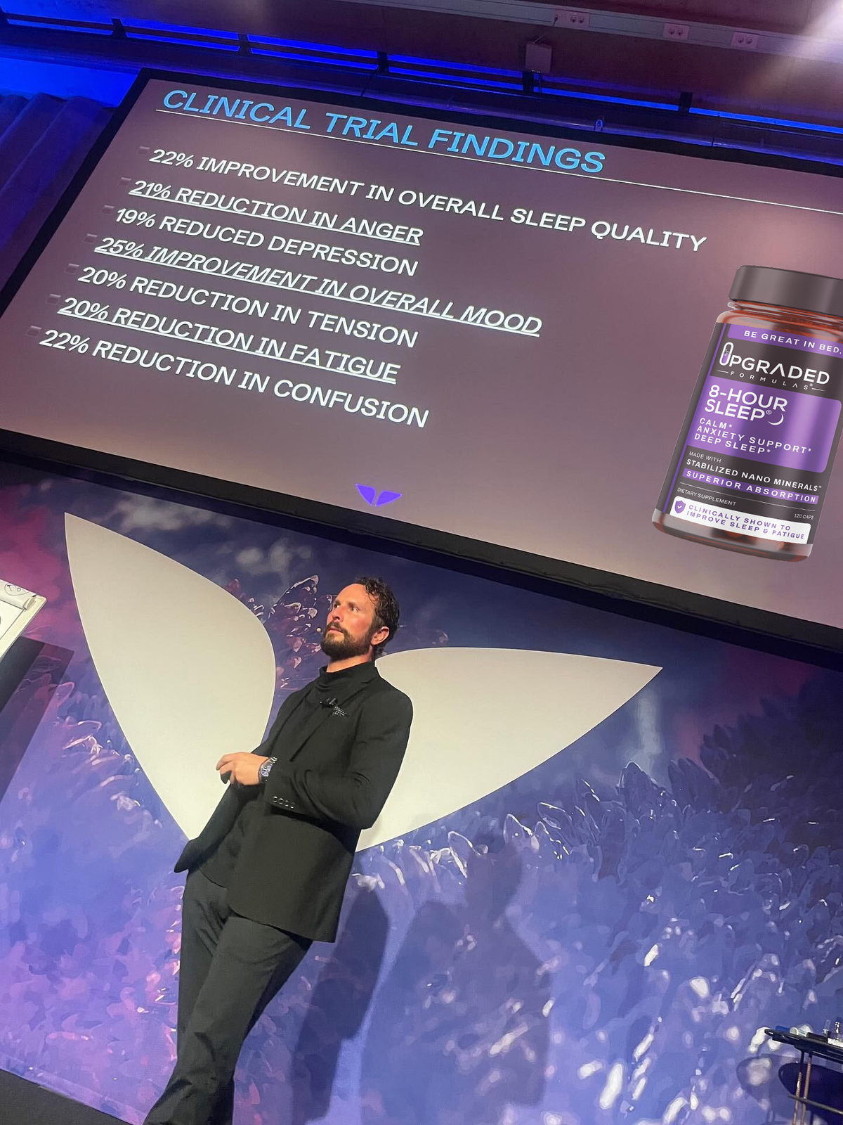 Upgraded Formulas® Upgraded 8-Hour Sleep supplement capsules for improving sleep, clinical trial results shown on bottle label.