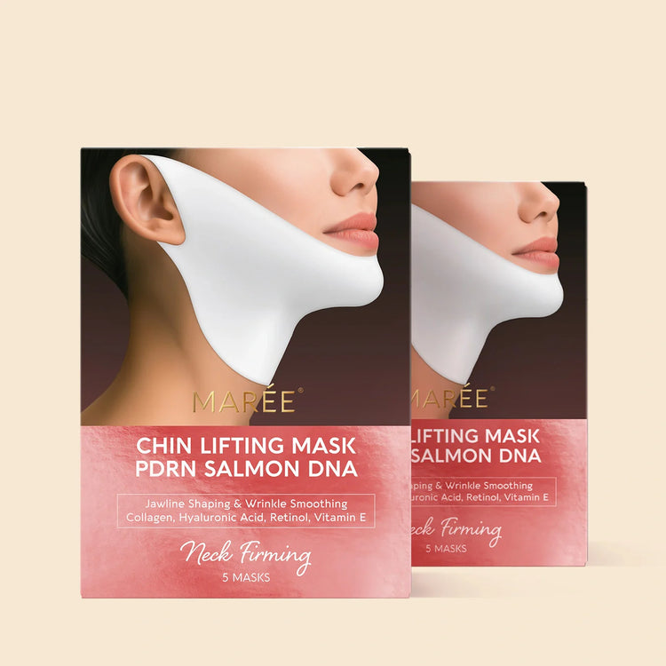 Maree PDRN V-line Lifting Mask with salmon DNA for facial skin tightening and rejuvenation, shown on a skincare display.