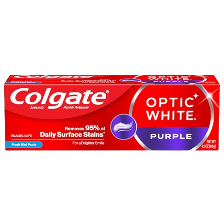 Colgate Optic White Purple Toothpaste tube for oral care, 3.8 oz, featuring white and purple packaging on a white background.