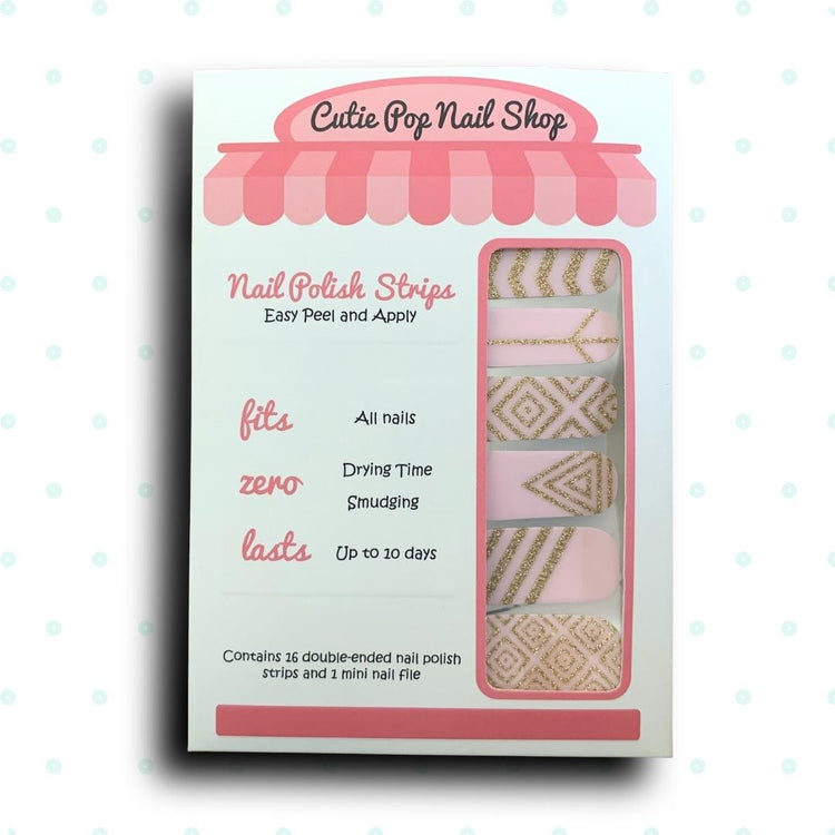 Pink Lady Art Deco nail strips by Cutie Pop Nail Shop, featuring vibrant pink and gold geometric patterns for stylish nails.
