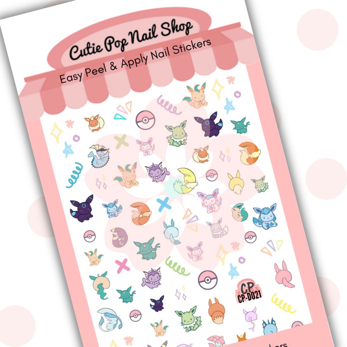 Pastel Eevolution anime nail stickers featuring kawaii Pokémon characters from Cutie Pop Nail Shop, colorful and playful design.