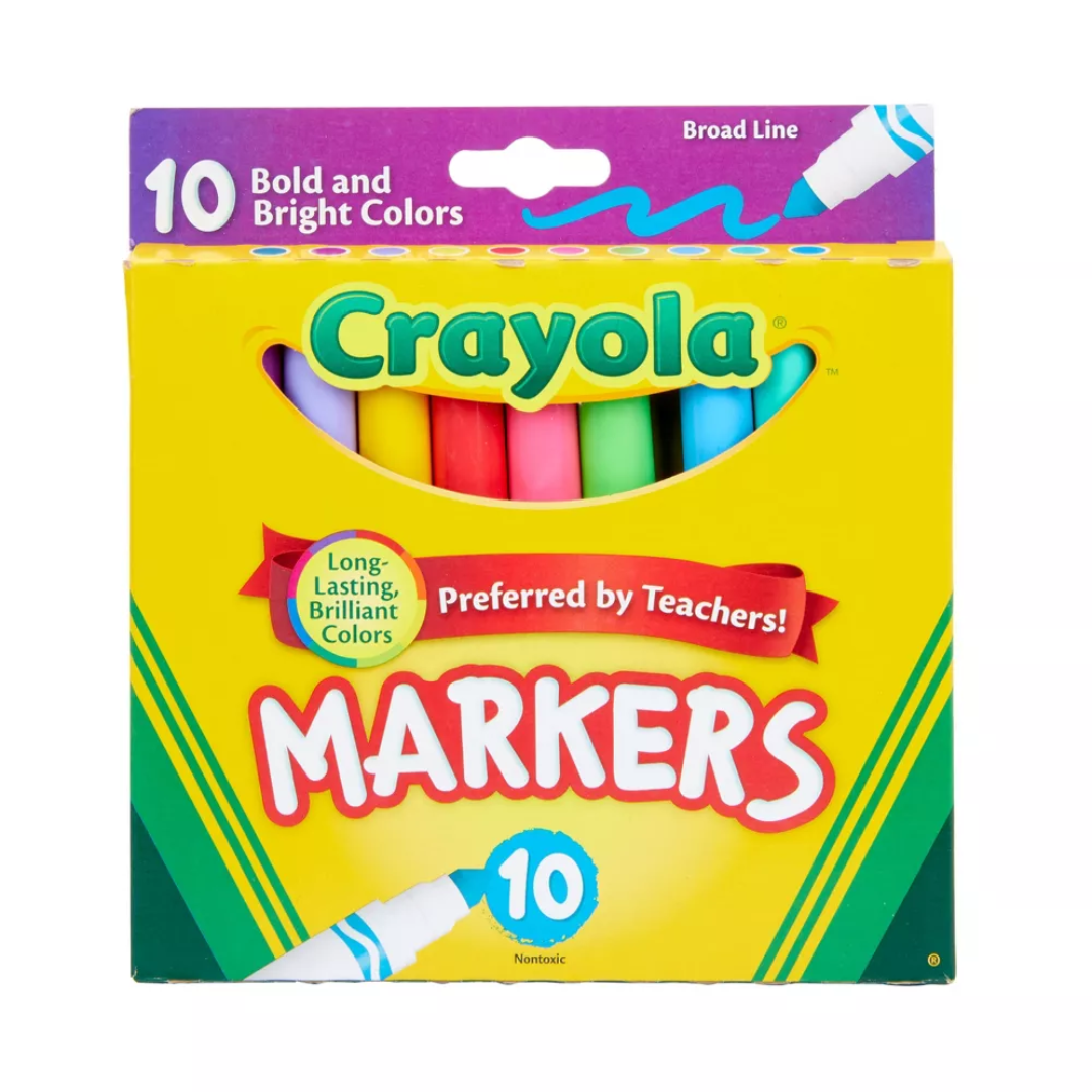 Set of 10 Crayola pastel markers, ideal for school use, featuring vibrant pastel colors for creative projects.