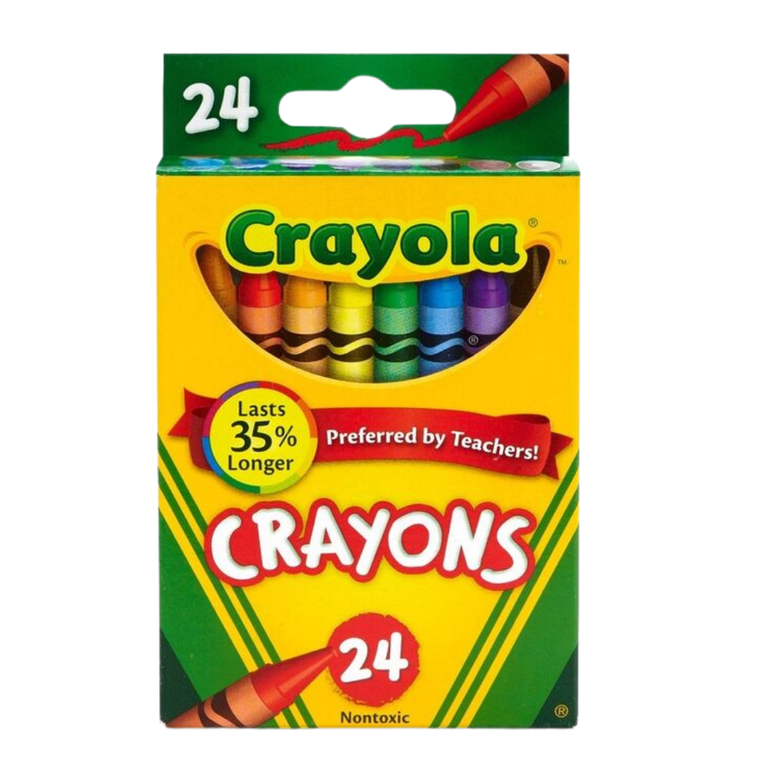 Colorful Crayola Crayons 24-pack for school use, featuring a variety of vibrant colors in a compact box.