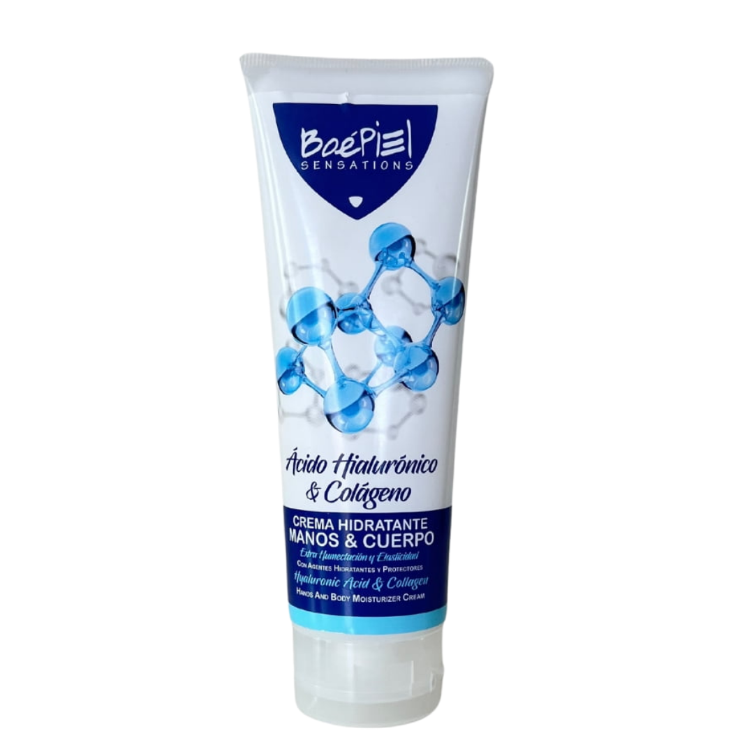 Farmacias Savia Boé Piel hyaluronic acid and collagen hand and body moisturizing cream in a white jar with a blue lid.