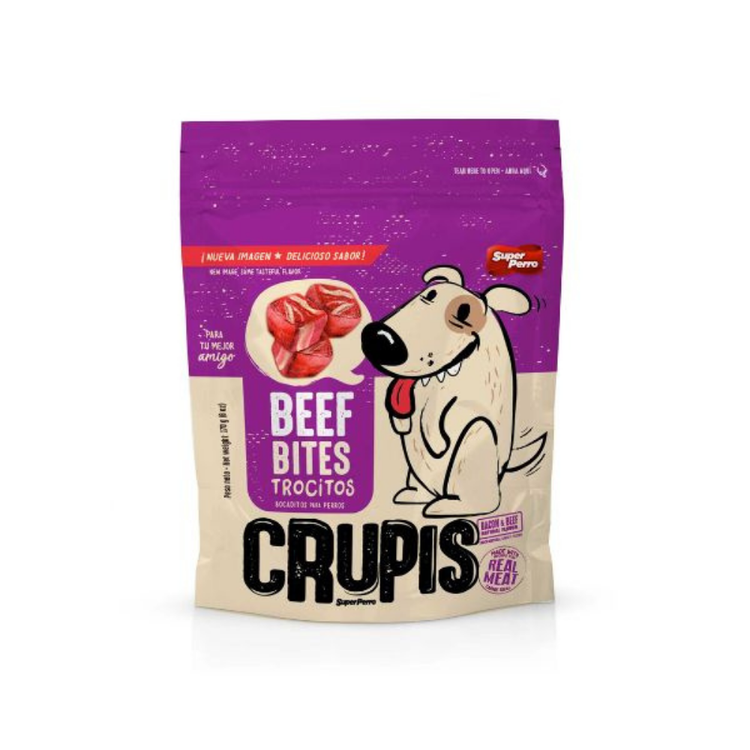 Crupis Beef Bites dog snack by Farmacias Savia, 6 oz, showing crunchy beef bites in a resealable bag.