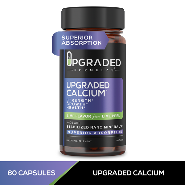 Upgraded Formulas calcium 60-count supplement capsules for bone health and strong teeth in a clear bottle.