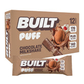 Built Chocolate Milkshake Puff snack stacked in a silo box, showcasing the crispy puffed texture and rich chocolate flavor.