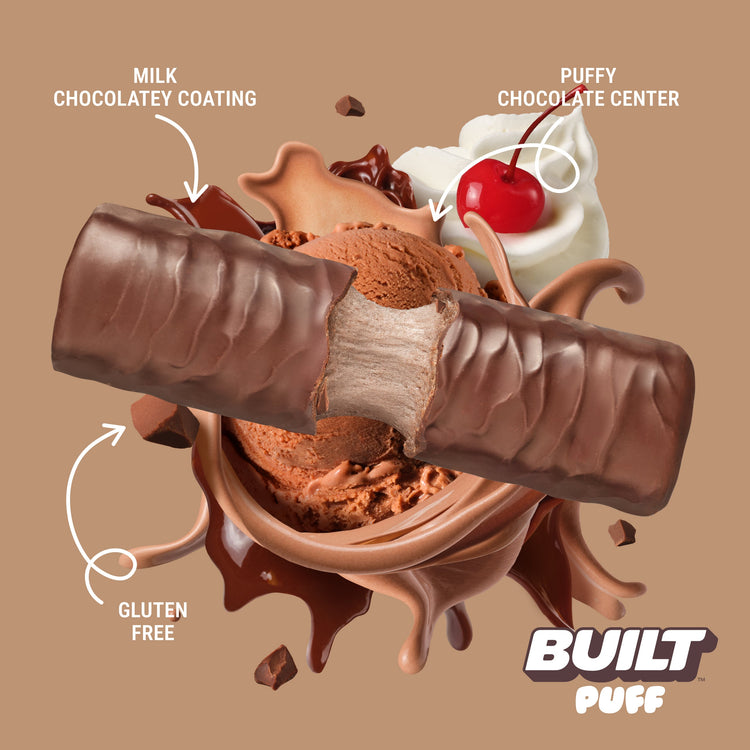 Built Chocolate Milkshake Puff stack showing textured, chocolate-flavored puff snacks with a creamy milkshake appearance.